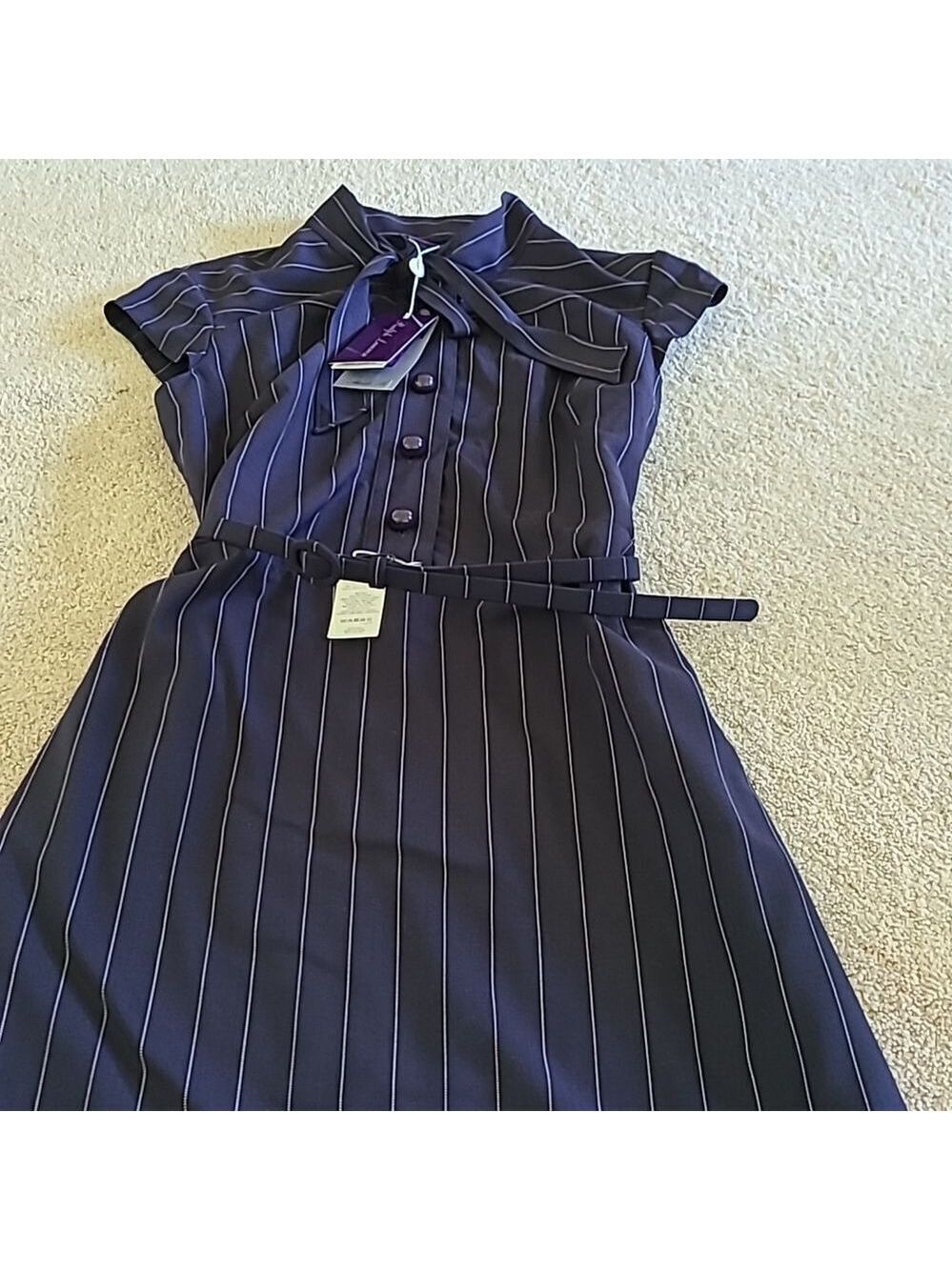Ralph Lauren Navy Pinstripe Midi Dress Tie Neck Button Collar